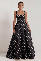 Load image into Gallery viewer, Black Polka Dots Long Square Neck A Line Formal Dress with Bow
