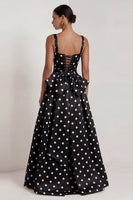 Load image into Gallery viewer, Black Polka Dots Long Square Neck A Line Formal Dress with Bow