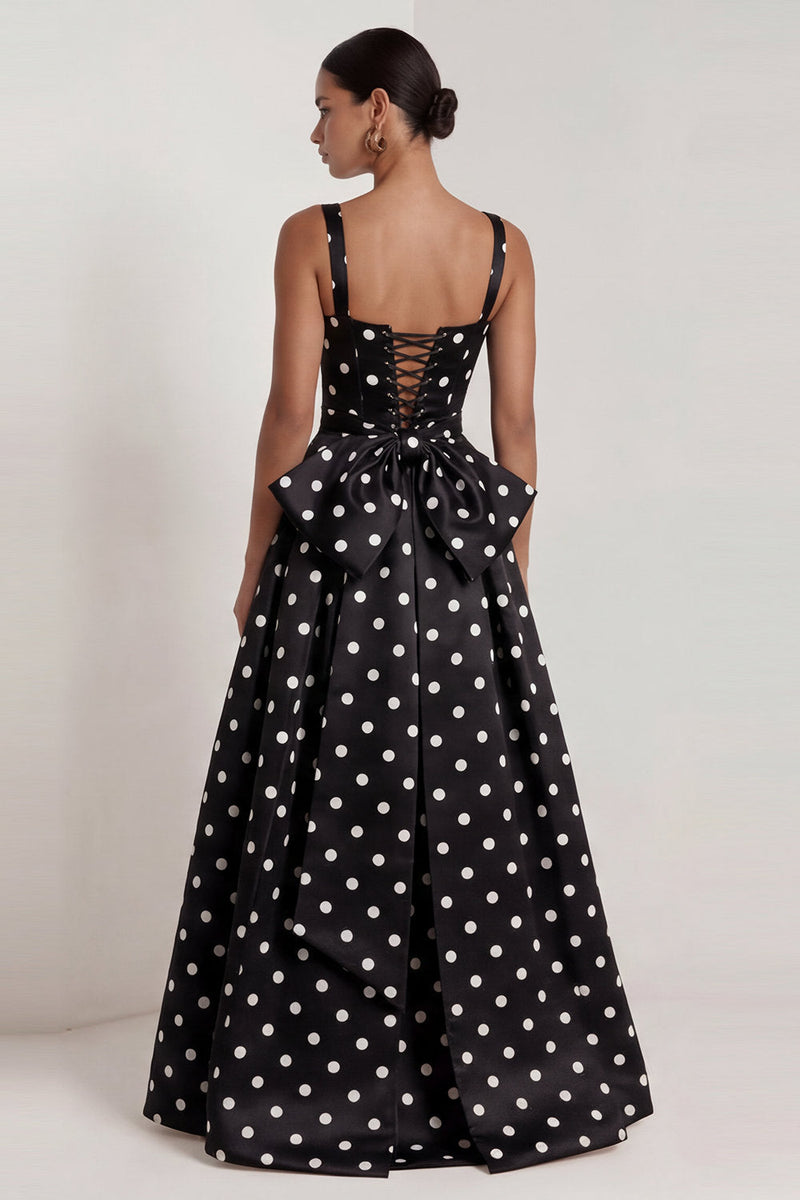 Load image into Gallery viewer, Black Polka Dots Long Square Neck A Line Formal Dress with Bow