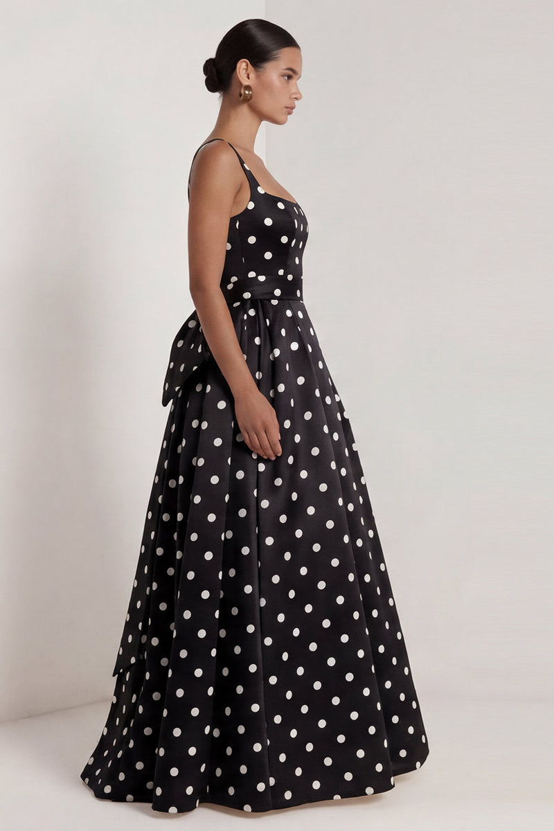 Load image into Gallery viewer, Black Polka Dots Long Square Neck A Line Formal Dress with Bow