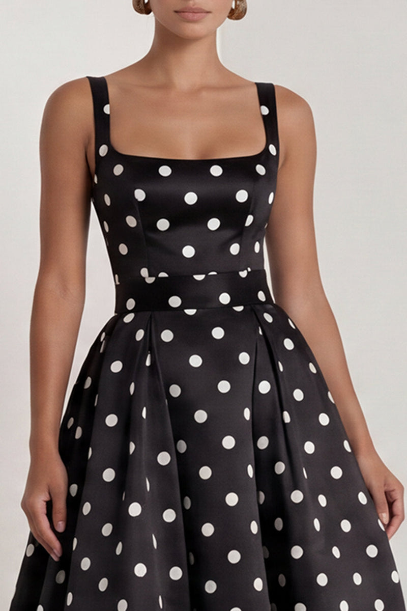 Load image into Gallery viewer, Black Polka Dots Long Square Neck A Line Formal Dress with Bow