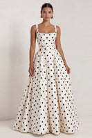 Load image into Gallery viewer, Black Polka Dots Long Square Neck A Line Formal Dress with Bow
