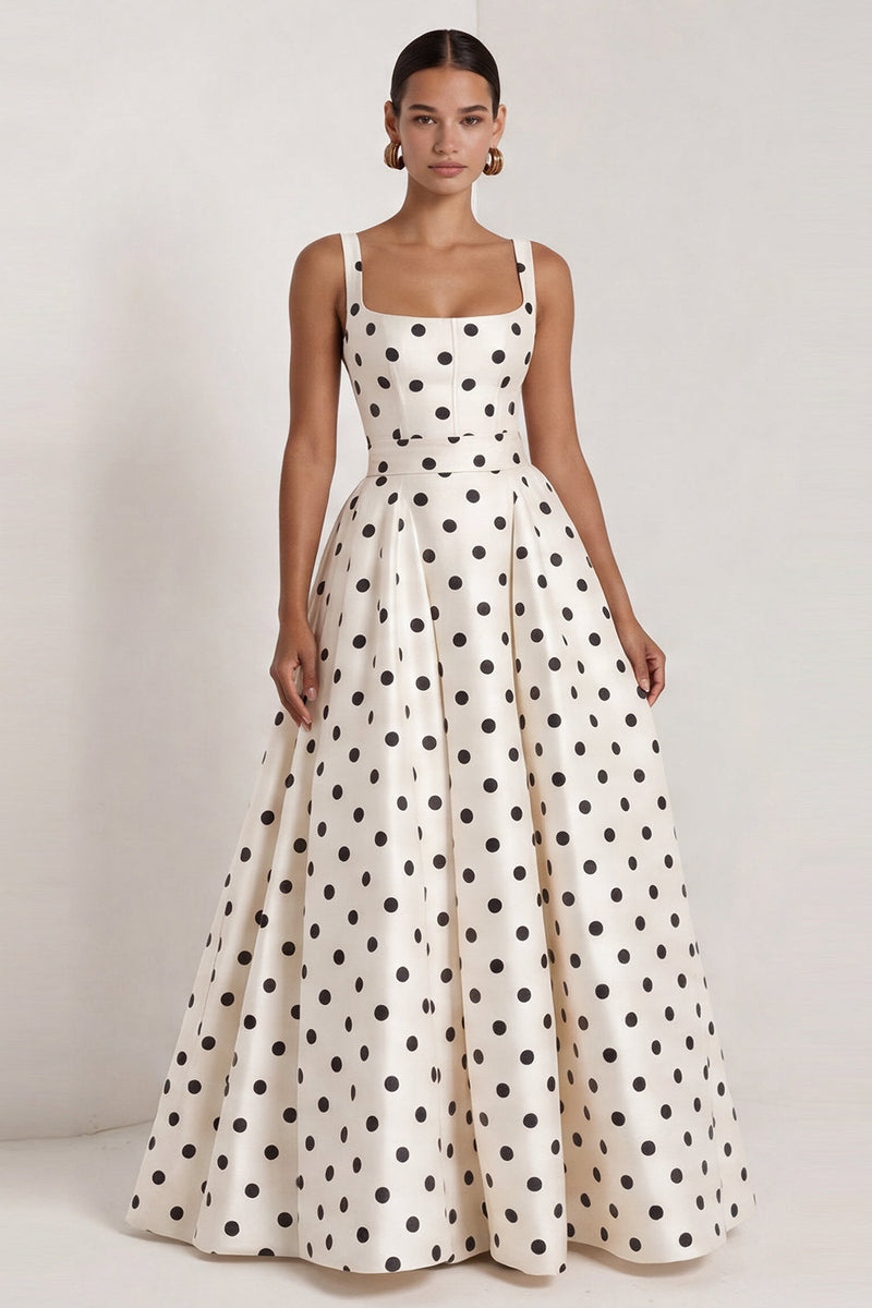 Load image into Gallery viewer, Black Polka Dots Long Square Neck A Line Formal Dress with Bow