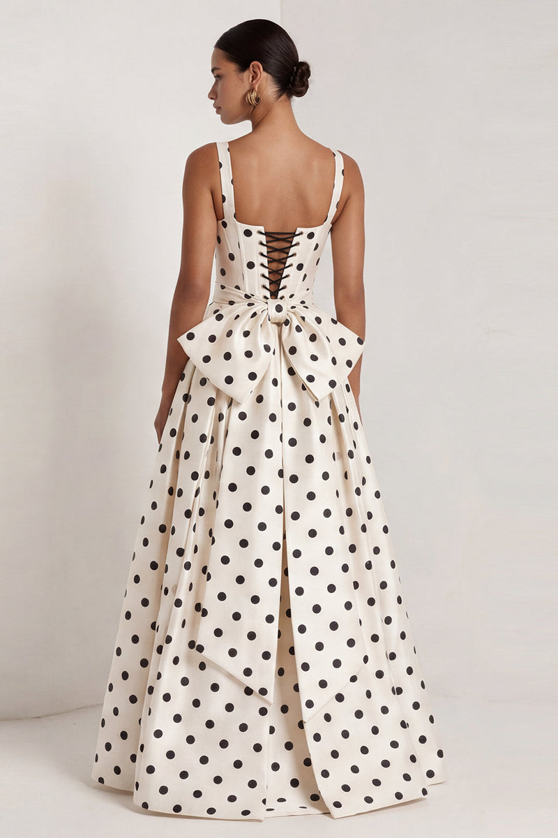 Load image into Gallery viewer, Black Polka Dots Long Square Neck A Line Formal Dress with Bow