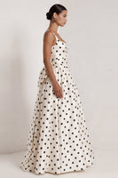 Load image into Gallery viewer, Black Polka Dots Long Square Neck A Line Formal Dress with Bow
