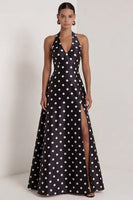 Load image into Gallery viewer, Black and White Polka Dots Halter A Line Long Formal Dress with Bow