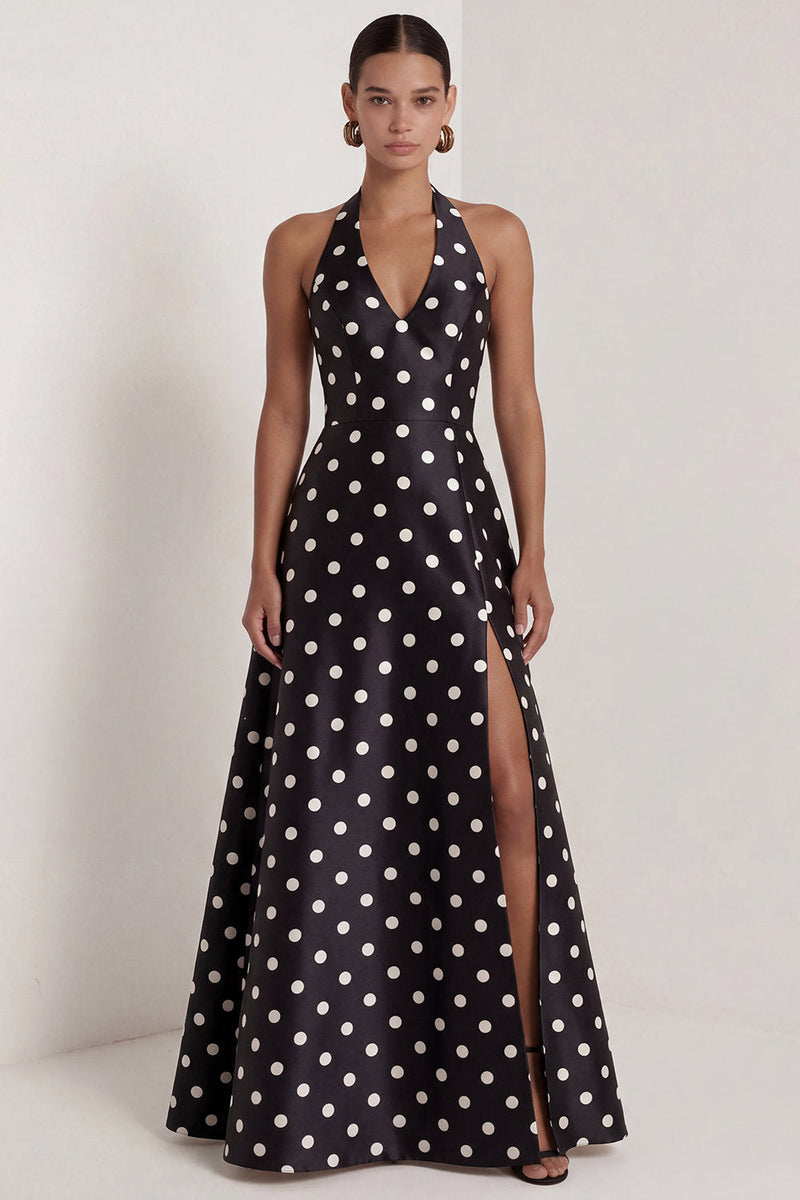 Load image into Gallery viewer, Black and White Polka Dots Halter A Line Long Formal Dress with Bow