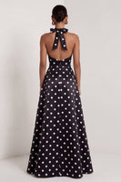 Load image into Gallery viewer, Black and White Polka Dots Halter A Line Long Formal Dress with Bow
