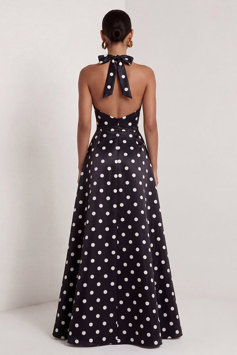 Load image into Gallery viewer, Black and White Polka Dots Halter A Line Long Formal Dress with Bow