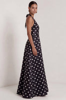 Load image into Gallery viewer, Black and White Polka Dots Halter A Line Long Formal Dress with Bow