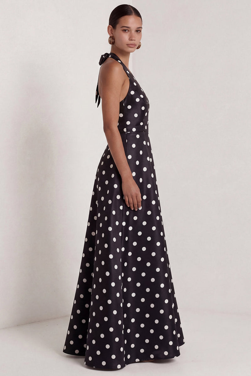Load image into Gallery viewer, Black and White Polka Dots Halter A Line Long Formal Dress with Bow