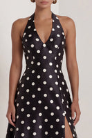 Load image into Gallery viewer, Black and White Polka Dots Halter A Line Long Formal Dress with Bow
