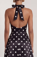 Load image into Gallery viewer, Black and White Polka Dots Halter A Line Long Formal Dress with Bow