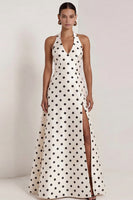 Load image into Gallery viewer, Black and White Polka Dots Halter A Line Long Formal Dress with Bow