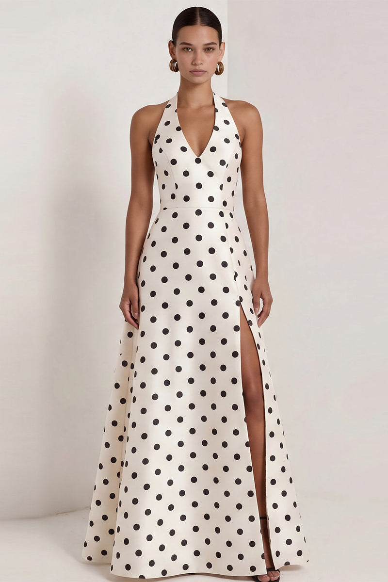 Load image into Gallery viewer, Black and White Polka Dots Halter A Line Long Formal Dress with Bow