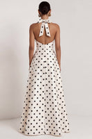 Load image into Gallery viewer, Black and White Polka Dots Halter A Line Long Formal Dress with Bow