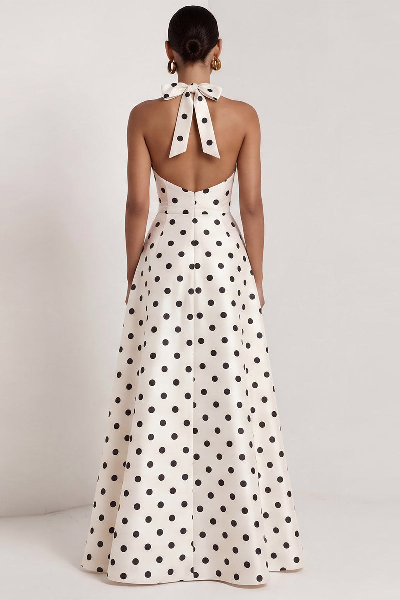 Load image into Gallery viewer, Black and White Polka Dots Halter A Line Long Formal Dress with Bow