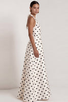 Load image into Gallery viewer, Black and White Polka Dots Halter A Line Long Formal Dress with Bow
