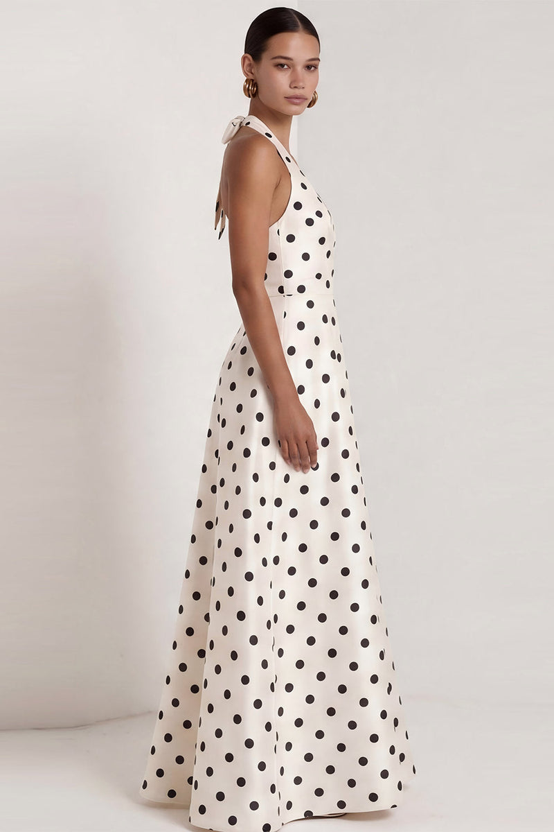 Load image into Gallery viewer, Black and White Polka Dots Halter A Line Long Formal Dress with Bow