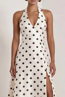 Load image into Gallery viewer, Black and White Polka Dots Halter A Line Long Formal Dress with Bow