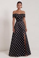 Load image into Gallery viewer, Black and White Polka Dots A Line Long Formal Dress with Slit