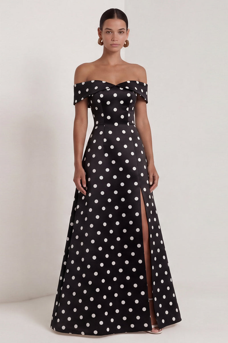 Load image into Gallery viewer, Black and White Polka Dots A Line Long Formal Dress with Slit