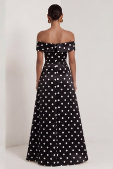 Black and White Polka Dots A Line Long Formal Dress with Slit