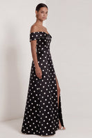 Load image into Gallery viewer, Black and White Polka Dots A Line Long Formal Dress with Slit
