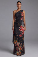 Load image into Gallery viewer, Black Sheath Floral Maxi Ruched Formal Dress