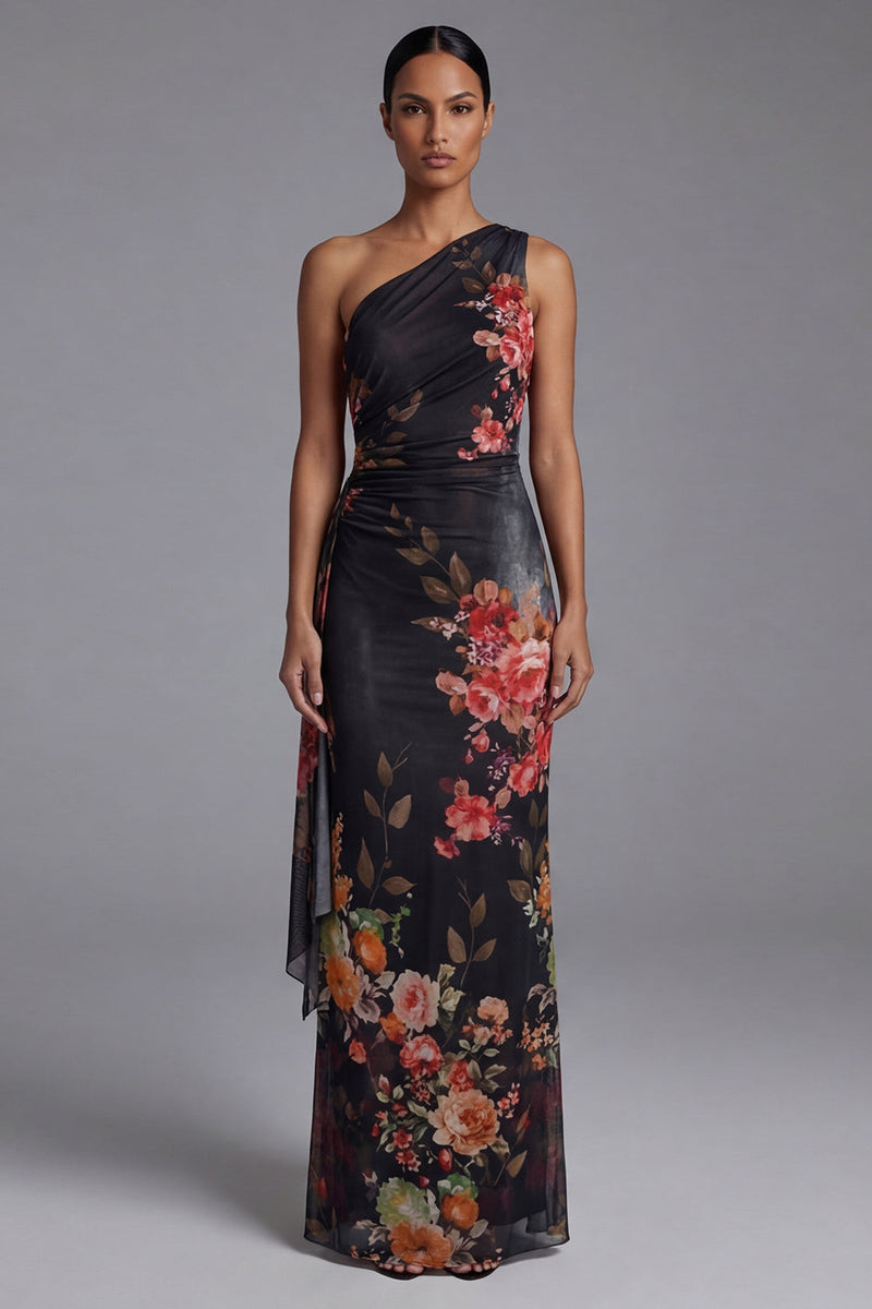 Queendancer Women Black Maxi Floral Chiffon Ruched One Shoulder Sheath