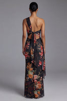 Load image into Gallery viewer, Black Sheath Floral Maxi Ruched Formal Dress