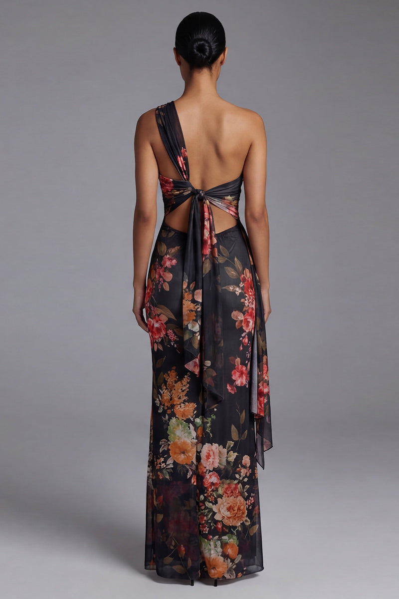 Load image into Gallery viewer, Black Sheath Floral Maxi Ruched Formal Dress