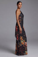 Load image into Gallery viewer, Black Sheath Floral Maxi Ruched Formal Dress