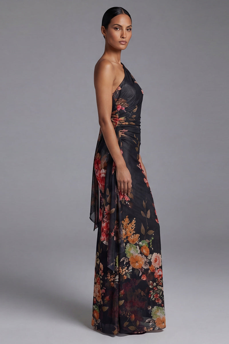 Load image into Gallery viewer, Black Sheath Floral Maxi Ruched Formal Dress