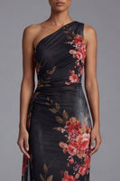 Load image into Gallery viewer, Black Sheath Floral Maxi Ruched Formal Dress