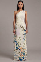 Load image into Gallery viewer, Black Sheath Floral Maxi Ruched Formal Dress