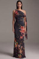 Load image into Gallery viewer, Black Ruched Floral Maxi Mermaid Formal Dress