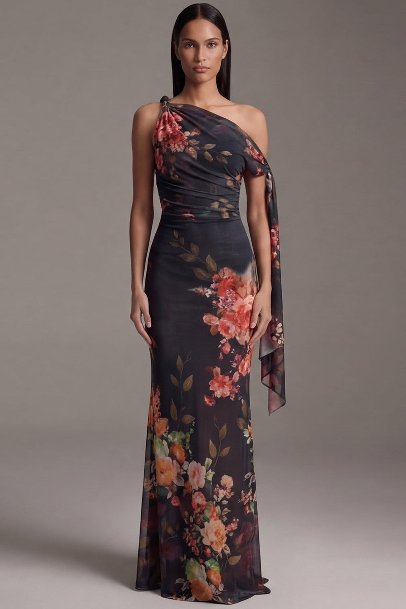 Load image into Gallery viewer, Black Ruched Floral Maxi Mermaid Formal Dress