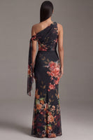 Load image into Gallery viewer, Black Ruched Floral Maxi Mermaid Formal Dress