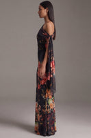 Load image into Gallery viewer, Black Ruched Floral Maxi Mermaid Formal Dress