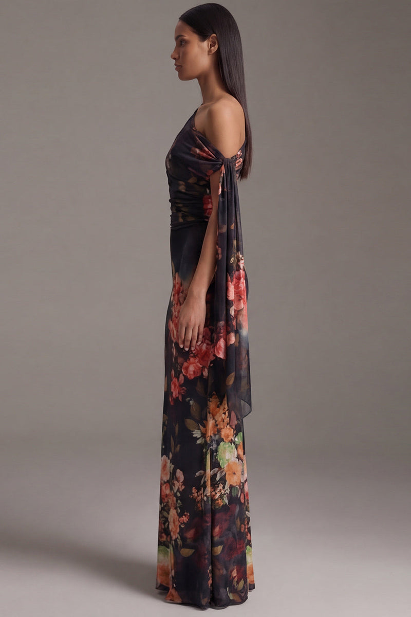 Load image into Gallery viewer, Black Ruched Floral Maxi Mermaid Formal Dress