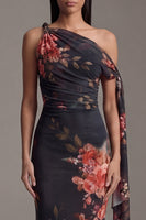 Load image into Gallery viewer, Black Ruched Floral Maxi Mermaid Formal Dress