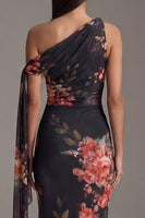 Load image into Gallery viewer, Black Ruched Floral Maxi Mermaid Formal Dress