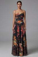 Load image into Gallery viewer, Spaghetti Straps A Line Floral Maxi Black Formal Dress