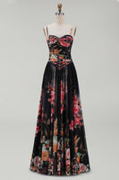 Load image into Gallery viewer, Spaghetti Straps A Line Floral Maxi Black Formal Dress