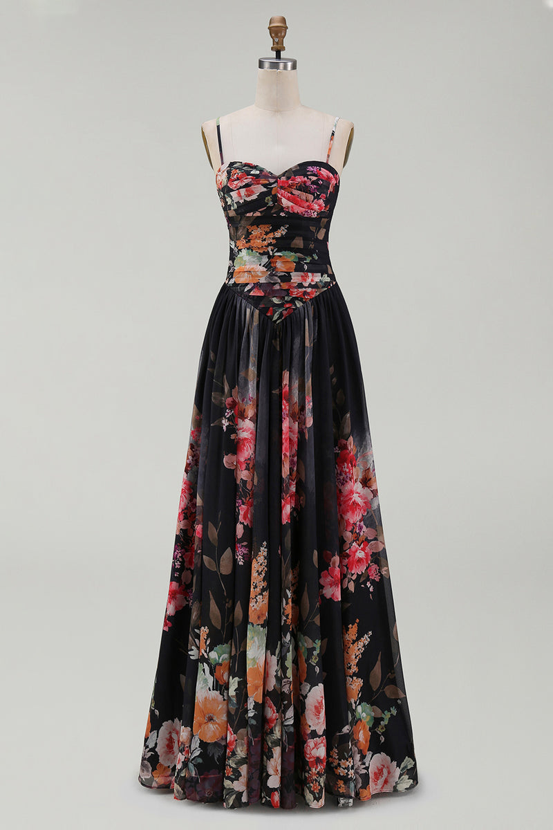 Load image into Gallery viewer, Spaghetti Straps A Line Floral Maxi Black Formal Dress