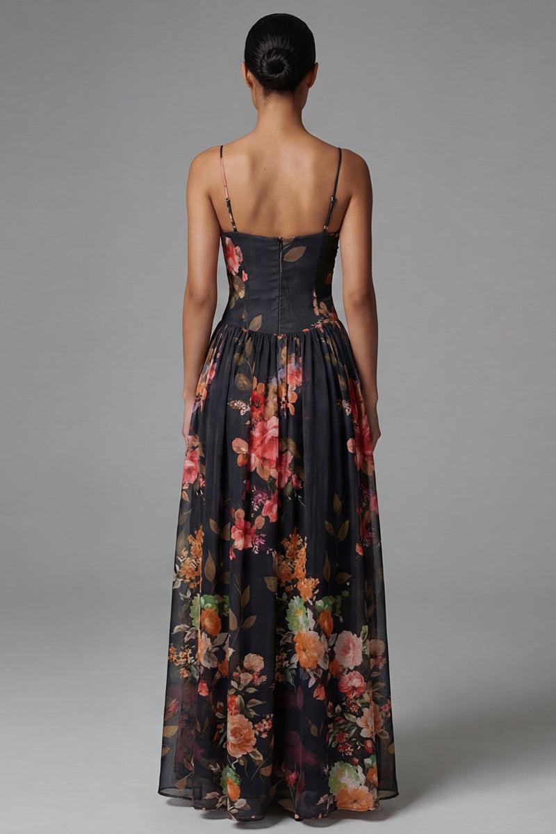 Load image into Gallery viewer, Spaghetti Straps A Line Floral Maxi Black Formal Dress
