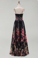 Load image into Gallery viewer, Spaghetti Straps A Line Floral Maxi Black Formal Dress