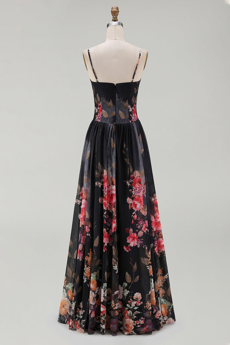 Load image into Gallery viewer, Spaghetti Straps A Line Floral Maxi Black Formal Dress