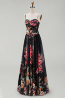 Load image into Gallery viewer, Spaghetti Straps A Line Floral Maxi Black Formal Dress